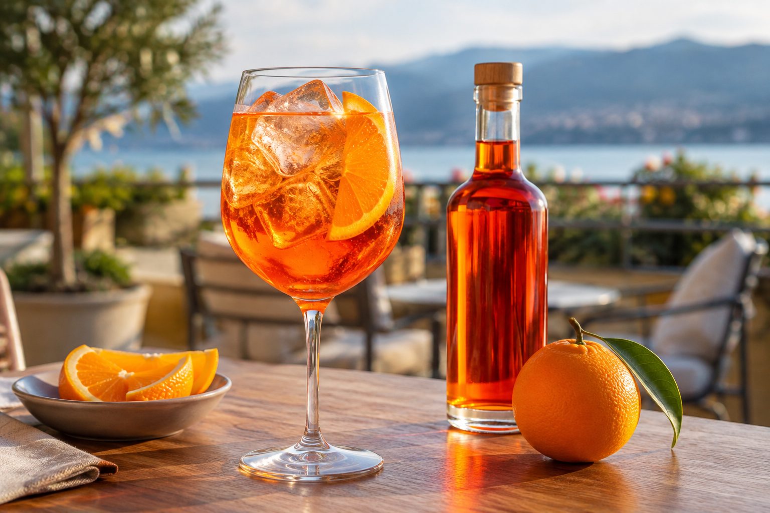 Spritz naranja con hielo Copa de spritz naranja con hielo y rodaja de naranja junto a una botella sin etiqueta.