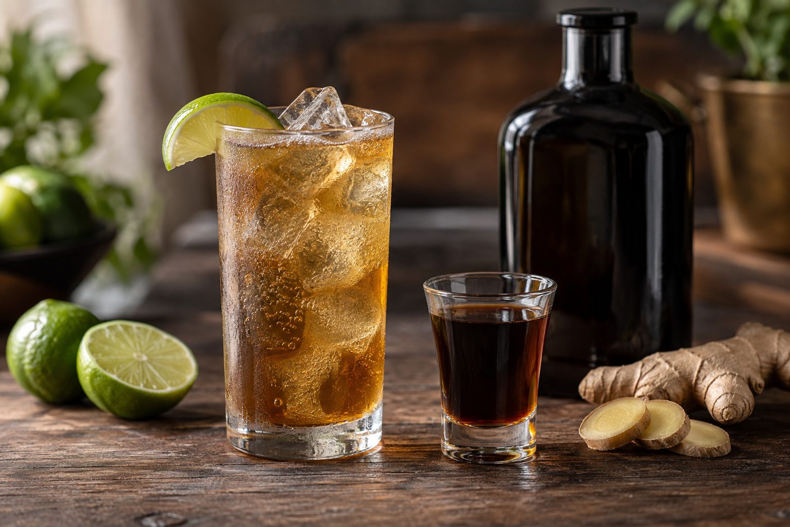 Licor de hierbas con jengibre y lima Combinado de licor de hierbas con hielo y lima junto a jengibre y una botella oscura sin etiqueta.