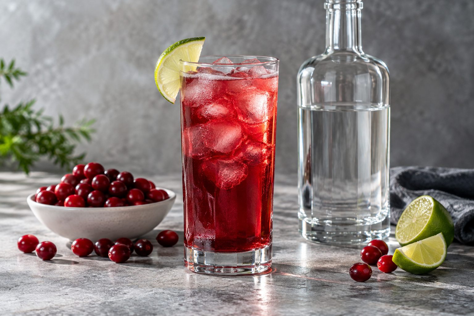Vodka con arándanos rojos y lima Vaso de vodka con arándanos rojos, hielo y lima junto a fruta fresca y botella transparente sin etiqueta.