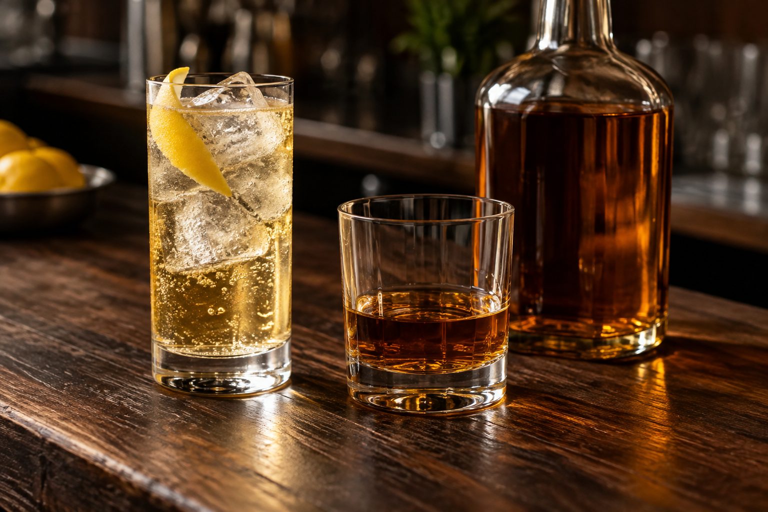 Whisky con soda y limón Whisky con soda y hielo junto a un vaso de whisky ámbar y una botella sin etiqueta.