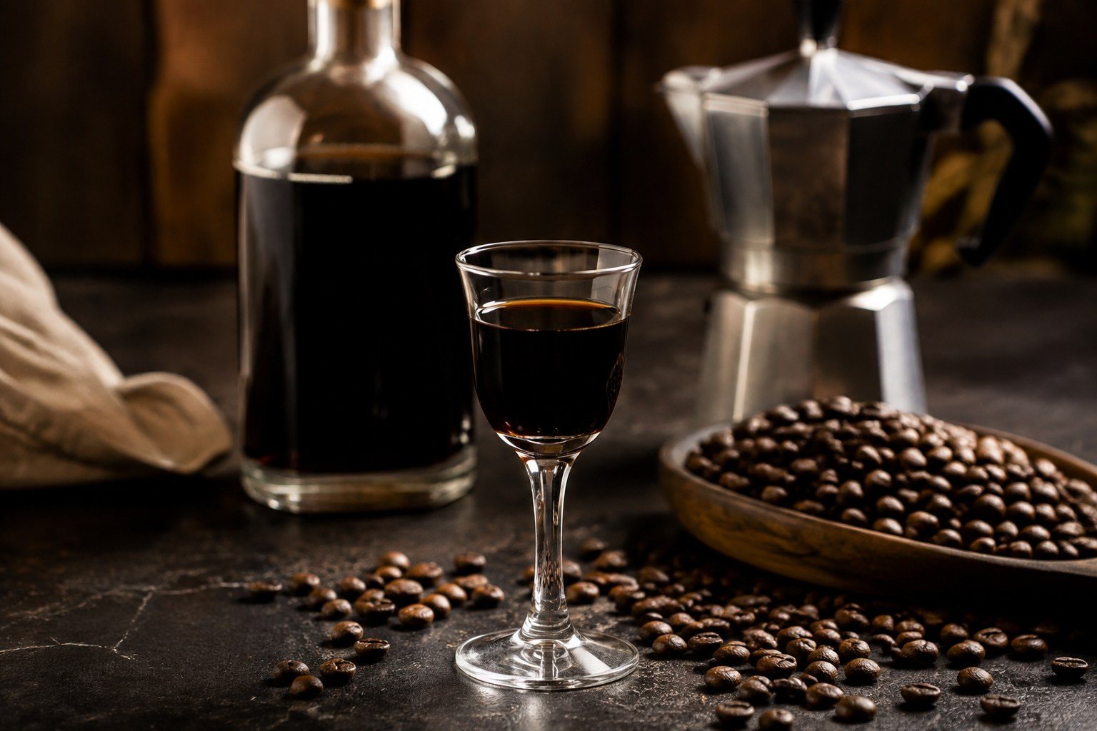 Licor de café casero: proporciones, reposo y servicio — Imagen 1 Escena editorial principal sobre licor de café casero